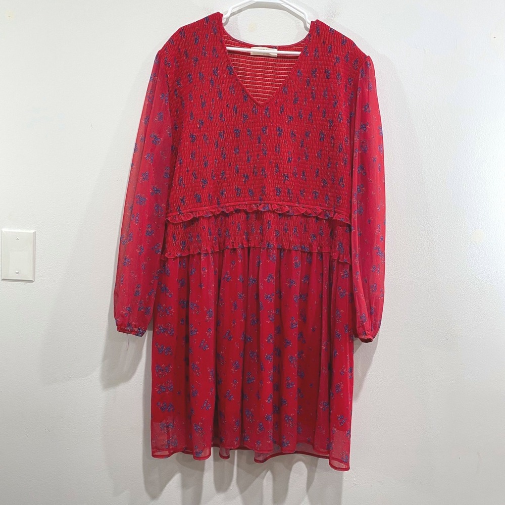 A Beautiful Soul Smocked Red Floral‎ Long Sleeve Midi Dress Women's Size C 3X